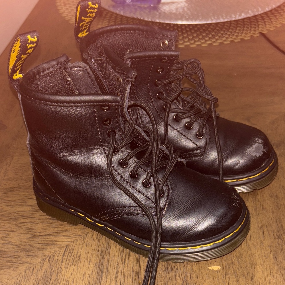Dr. Martens Kids Black Leather Boots with Yellow Stitching